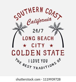 California long beach badge. Handmade palms trees retro style. Design fashion apparel on light background. T shirt graphic vintage vector illustration label logo template. Badge with palm.