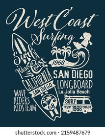 California Long beach kids surfing team vector print for children wear