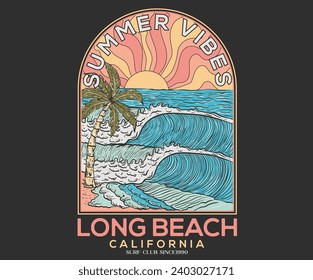 California long beach print. Summer vintage graphic print design. Beach vibes print design. Hand sketch beach vector design. Big wave artwork. Beach wave t-shirt prints and other uses. 