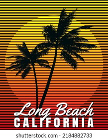 California Long Beach sunset print t-shirt design. Poster retro palm tree silhouettes, gradient, typography. Vector illustration