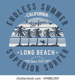 California long beach, superior surfer, endless summer typography, t-shirt graphics, vectors