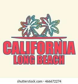 California Long Beach - vector illustration for t-shirt and other print production. Palms, surfboard and inscription. Design elements.