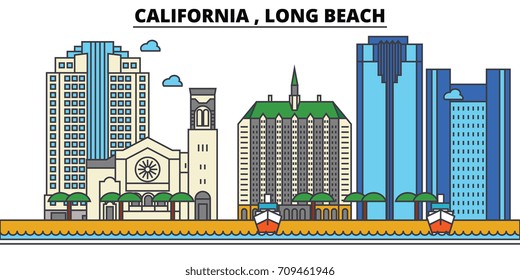 California, , Long Beach.City skyline: architecture, buildings, streets, silhouette, landscape, panorama, landmarks, icons. Editable strokes. Flat design line vector illustration concept.