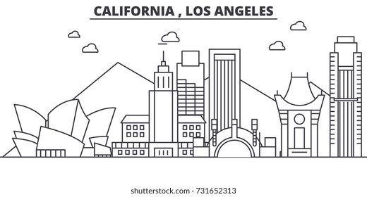 California Los Angeles architecture line skyline illustration. Linear vector cityscape with famous landmarks, city sights, design icons. Landscape wtih editable strokes