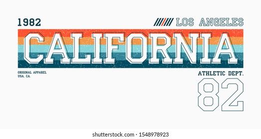 California, Los Angeles athletic typography for t-shirt. Sport apparel print with color stripes. Tee shirt print design. Vector illustration.