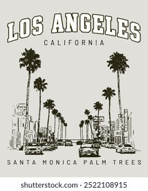 california los angeles ca la Vector Palm Tree Palm Island eslogan para camiseta, Ilustración vectorial sobre el tema del surf y el surf en Los Angeles. Diseño de Antiguas. Tipografía, gráficos de camisetas.