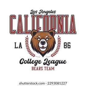 California, Los Angeles college league, bears team t-shirt design. Tee shirt print design with bear head. Graphics for print product, t shirt, vintage sport apparel. Vector.