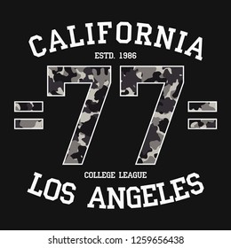 California, Los Angeles graphic design for t-shirt with camouflage texture and slogan. LA tee shirt print, apparel typography in military and army style. Vector illustration.