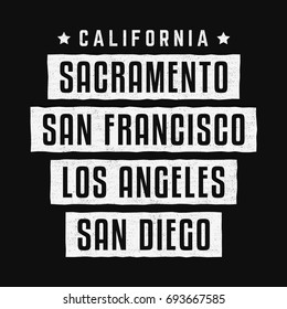 California. Los Angeles. Sacramento. San Francisco. San Diego. Retro grunge print. Vintage banner.