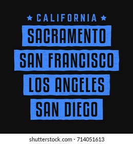 California. Los Angeles. Sacramento. San Francisco. San Diego. Retro grunge print. Vintage blue banner.