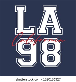 California, Los Angeles Slogan Typografie Grafiken für T-Shirt. Druck der Akademie für Bekleidung. Varsity LA Briefmarke. Vektorgrafik.