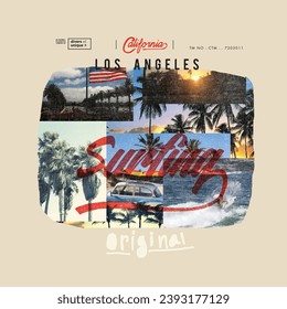 California Los Angeles Surfing vector print original view, use this design for summer beach T-shirt Design, text print use this shirt, Summer good vibes palm tree vector print artwork, Girls, men, 