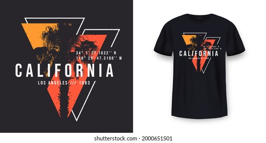 California, diseño de camisetas de Los Ángeles. Diseño de impresión de camisetas con palmera. Diseño de camisetas con tipografía y palmeras tropicales para estampado, ropa y ropa. Vector