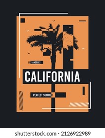 California, Los Angeles t-shirt design with palm tree. Graphic print for tee shirt with silhouette of tropical palm tree, gull birds and frame. T shirt and apparel design. Vector. 