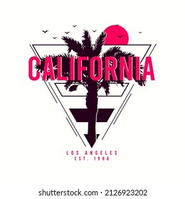 California, Los Angeles t-shirt design with palm tree, sun and gulls. Graphic print for tee shirt with silhouette of tropical palm tree and triangle frame. T shirt and apparel design. Vector.