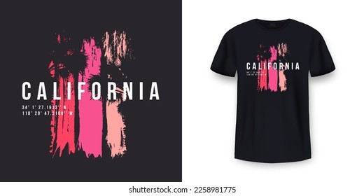 California, Los Angeles t-shirt design. T shirt print design with palm tree. T-shirt design with typography and tropical palm tree for tee print, apparel and clothing. Vector