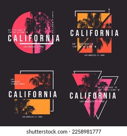 California, Los Angeles t-shirt design. T shirt print design with palm tree. Collection of t-shirt design with typography and tropical palm tree for tee print, apparel and clothing. Vector