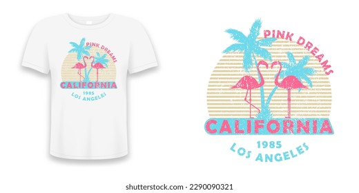 California, Los Angeles t-shirt design with flamingo and palm trees. Graphics for design clothes with grunge and slogan. T shirt print with tropical palm tree and pink flamingo birds. Vector.