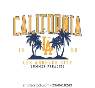 California, Los Angeles t-shirt design with palm trees and LA letters. Typography graphics for tee shirt with tropical palm trees. Vector illustration.