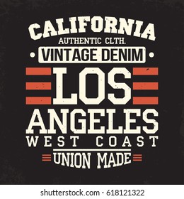 California Los Angeles t-shirt graphics. Vintage denim typography, t-shirt graphics, poster, banner, textile, apparel. Vector