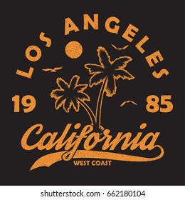 California, Los Angeles - typography for design clothes, t-shirt. Graphic print with palm tree, gull and sun for apparel. Vector illustration.