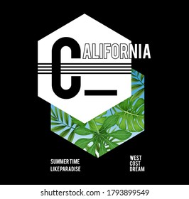 California, Los Angeles typography. T-shirt graphics with tropic palms. Vector