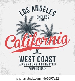 California, Los Angeles typography. T-shirt graphics with tropic palms. Vector