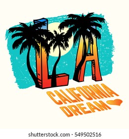 California, Los Angeles Vector Illustration with Palms, Vintage Design.