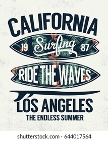 California, Los Angeles vector Surfing illustration with Hawaiian flowers. For t shirt and other uses