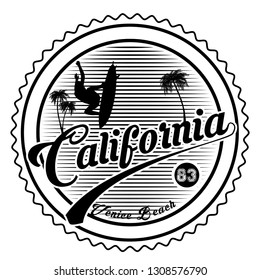 California, Los Angeles, Venice Beach - typography for design clothes, t-shirt with palm trees. Graphics for print product, apparel. Vector illustration. 