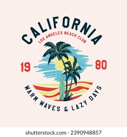 California Los angels beach club 1980, Hand drawn Summer print, colorful waves ,Skye, sun, all prints is College font