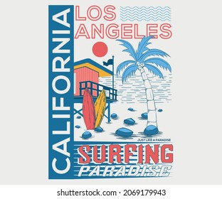 California, los angels vector graphic print design.Beach text with palm tree bird and sun illustrations. For t shirt prints and other uses.