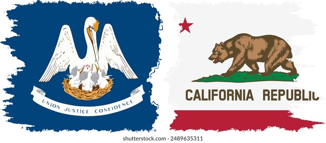 California and Louisiana states grunge brush flags connection, vector