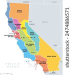 California, major regions, political map. State in the Western United States with capital Sacramento, lying on the Pacific Coast. Valleys, coast regions, San Francisco Bay Area and the desert region.