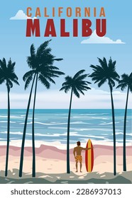 California Malibu Beach retro travel poster vector