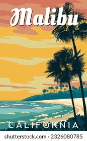 California Malibu Beach retro travel poster vector