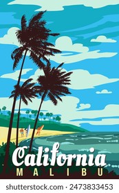 California Malibu Beach retro travel poster vector