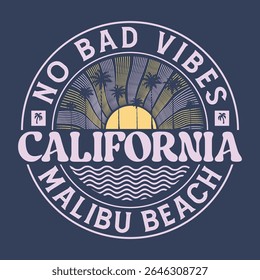 Califórnia, Praia de Malibu. Paraíso do Sol. Verão vibes arte. Projeto gráfico de impressão Sunshine paraíso. Design de clube de surfe.