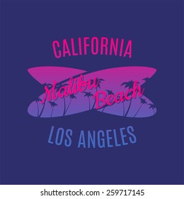 California Malibu Beach surf illustration typography with pink and blue gradient. It is Vector graphics print for t-shirts.