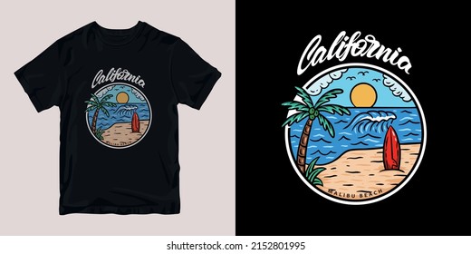 California Malibu Beach Surfing T-shirt Stylish And Clothing Printable Trendy Tshirt Design. Print, Industrial Products. Global Swatch.