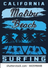 California malibu beach surfing typography, t-shirt graphics, vectors