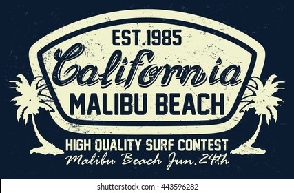 California malibu beach typography, t-shirt graphics, vectors