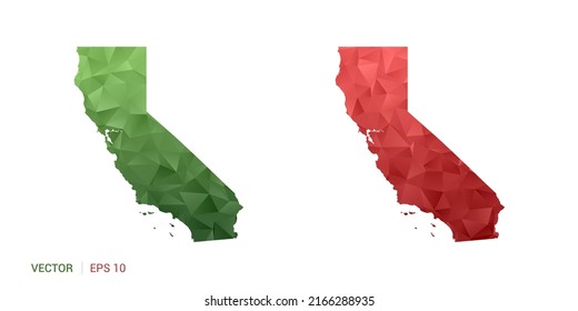 California map of abstract vector polygon set couple color green and red.