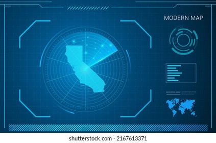 California Map Of Blue Digital Frame Technology Radar Vector HUD, GUI, UI Interface.