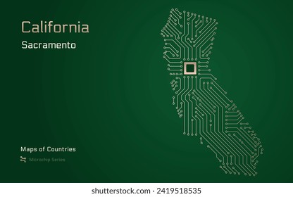 California Map with a capital of Sacramento Shown in a Microchip Pattern. Silicon valley, E-government. United States vector maps. Microchip Series	