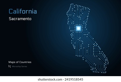 California Map with a capital of Sacramento Shown in a Microchip Pattern. Silicon valley, E-government. United States vector maps. Microchip Series	