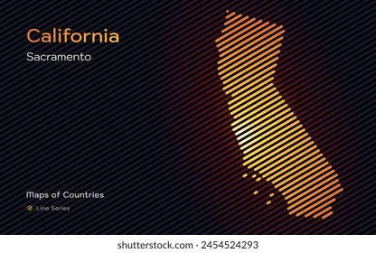 California Map with a capital of Sacramento Shown in a Line Pattern	