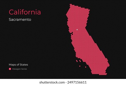 California Map with a capital of Sacramento Shown in a Hexagon Pattern. Silicon valley. United States vector maps.