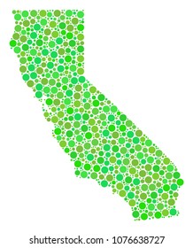 California Map collage of random filled circles in different sizes and fresh green color tints. Vector round elements are organized into california map illustration. Eco geography map design concept.