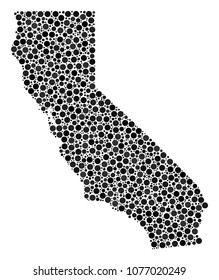 California Map composition of round spots in variable sizes. Scattered dots are grouped into California Map mosaic. Vector geography map design concept.